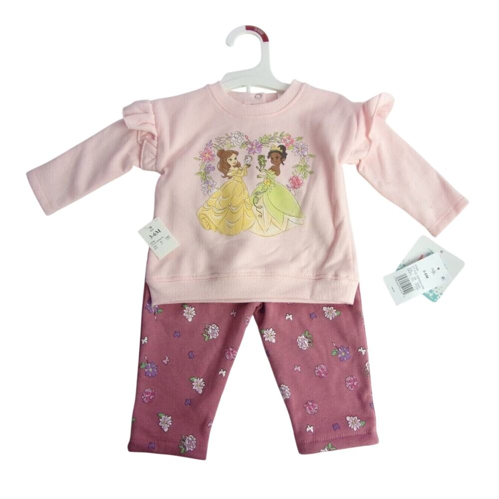 Disney Baby Princess Belle 2-Piece Sweatshirt Pants Outfit Floral Ruffle 12M